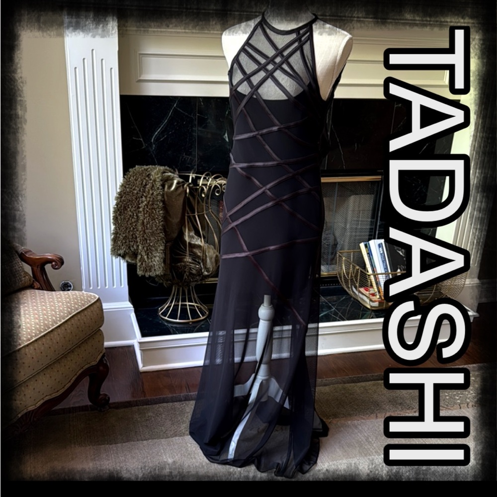 TADASHI SHOJI Elegant Long Black Sheer Dress -Fitted as Mini/Sheer to Floor~Sz S - Picture 5 of 14